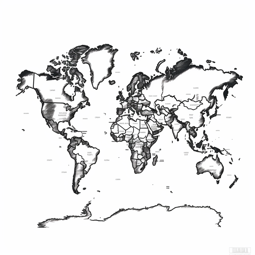 Detailed hand-drawn world map illustration