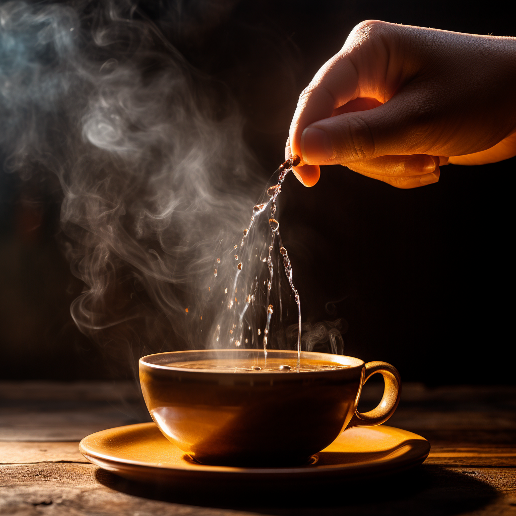 Hand dropping mineral drops into a coffee cup