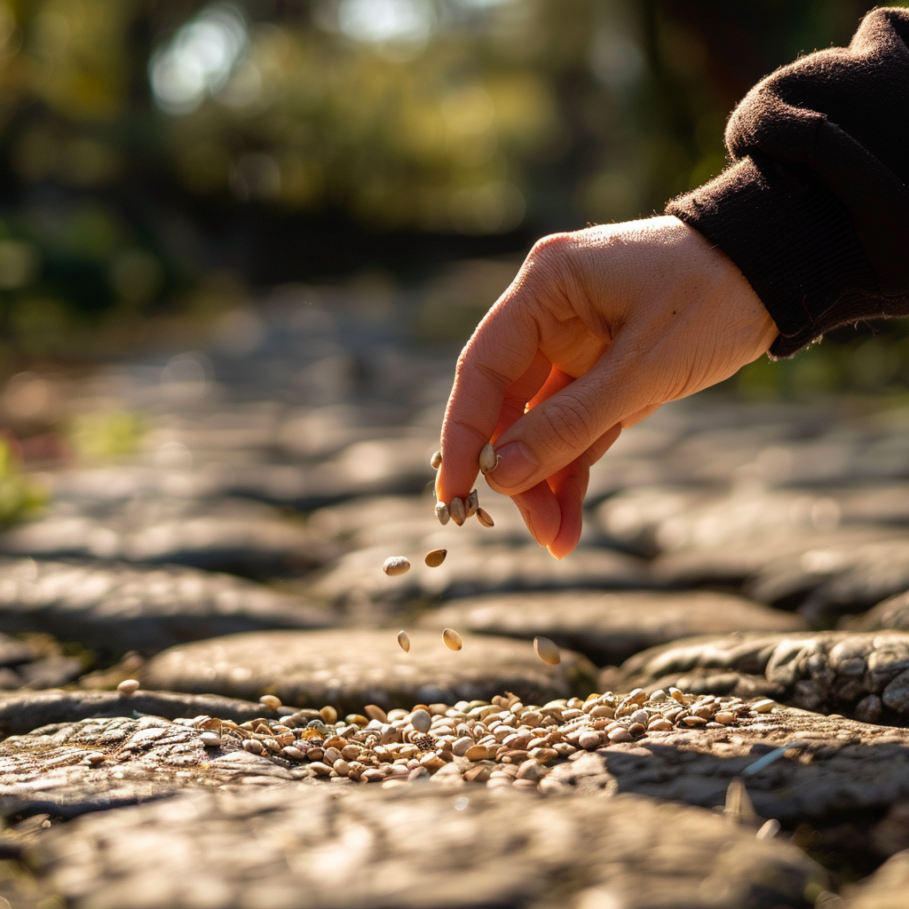 Seeds dropped on stone road