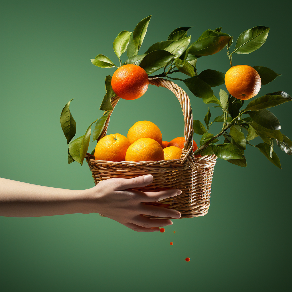 Hand grabbing juicy orange from fruit basket