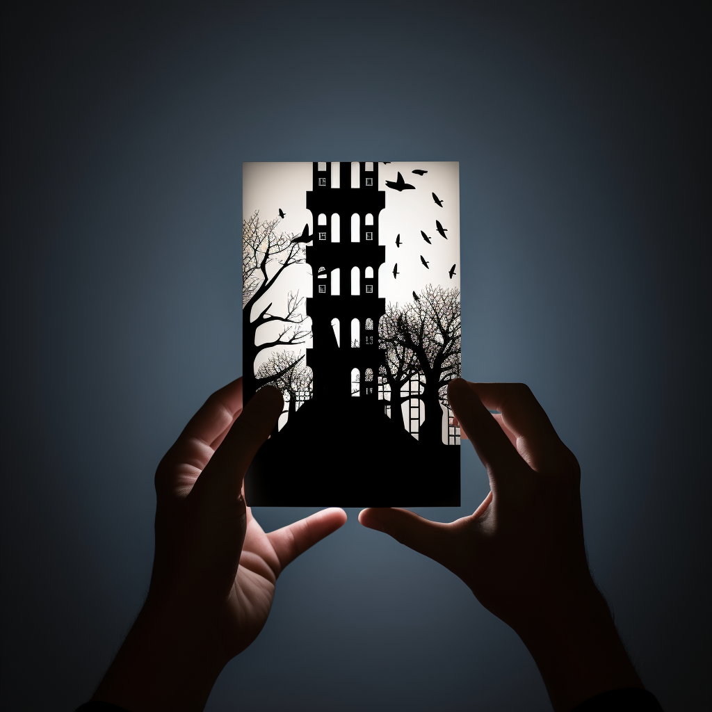 Silhouette of hand holding cards with white tower and black prison