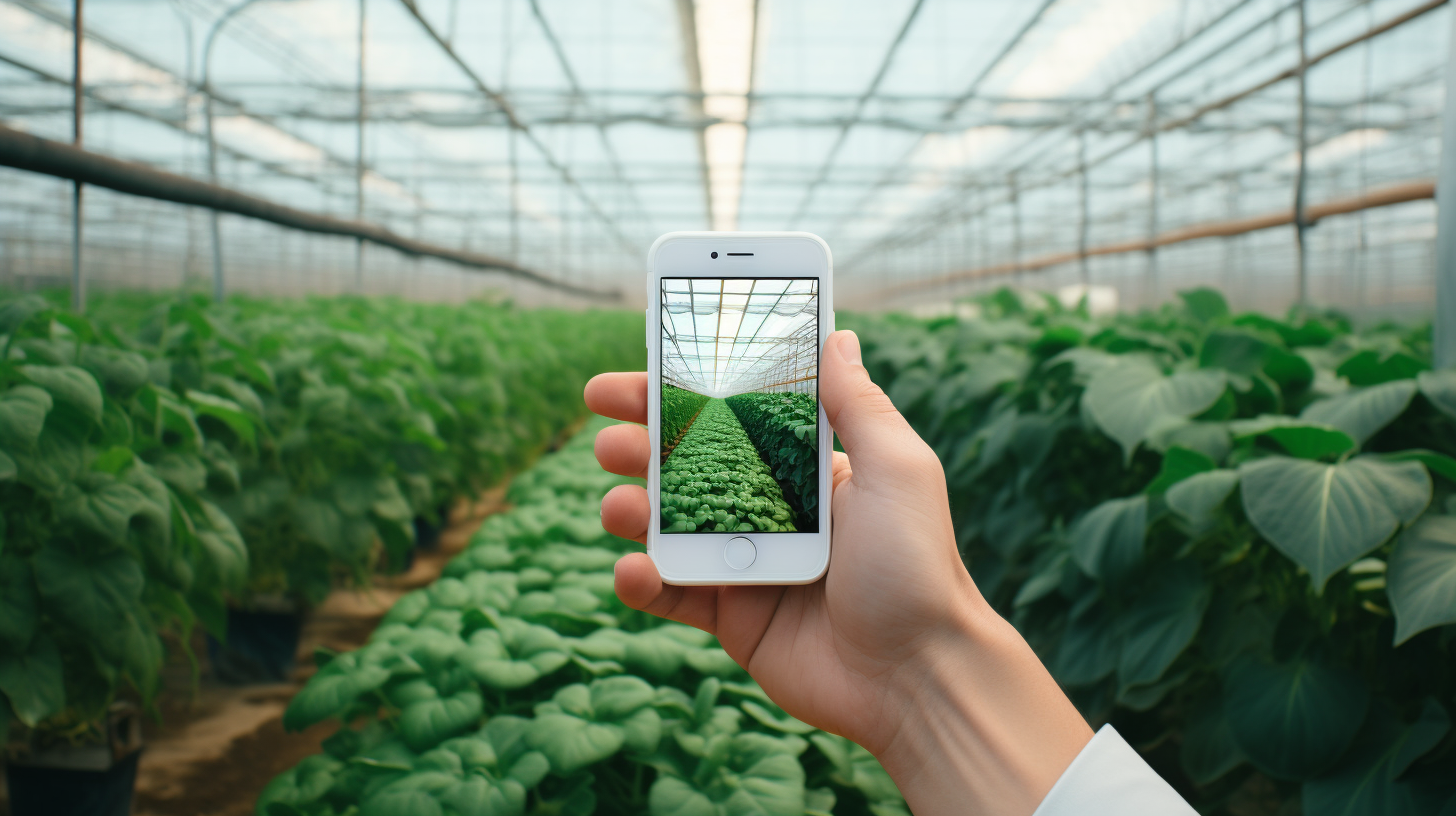 Hand holding cellphone in greenhouse