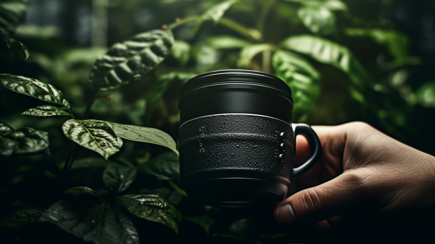 Hand holding coffee cup amidst vegetation