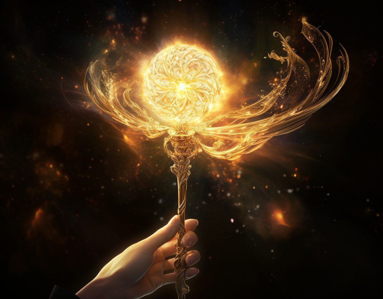 Hand holding magical scepter emitting golden energy