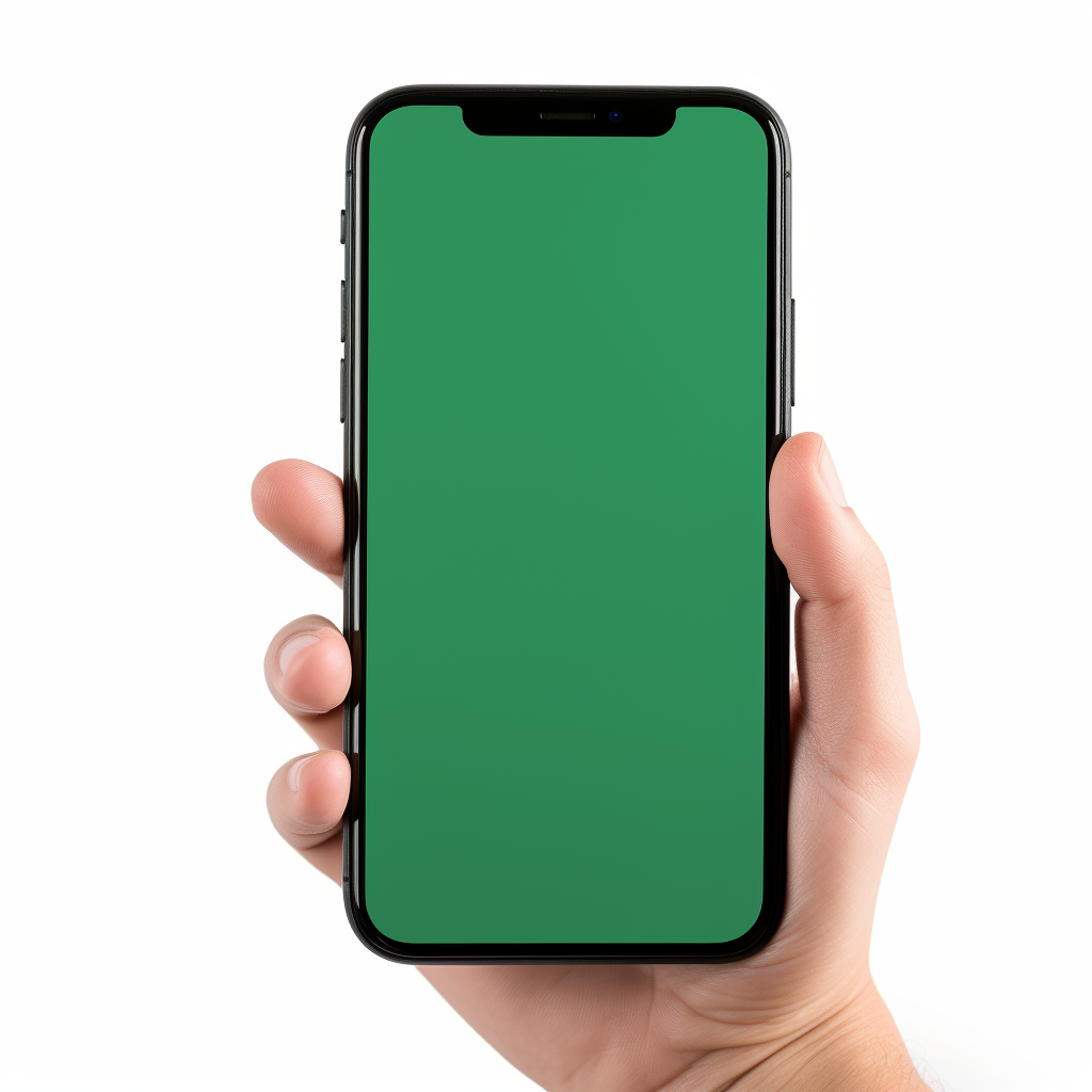 Hand holding phone with green screen