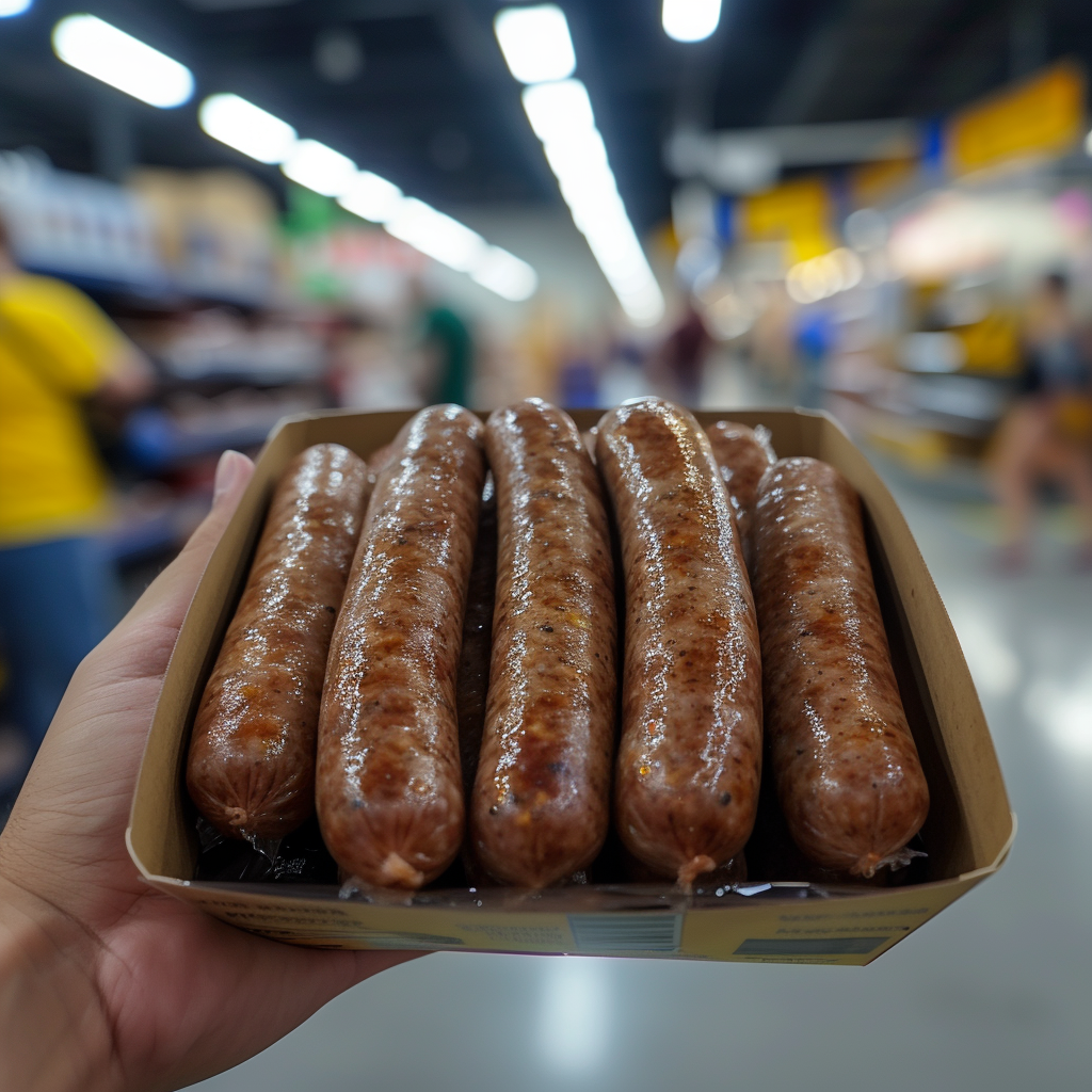 Hand holding Walmart criminal sausage box