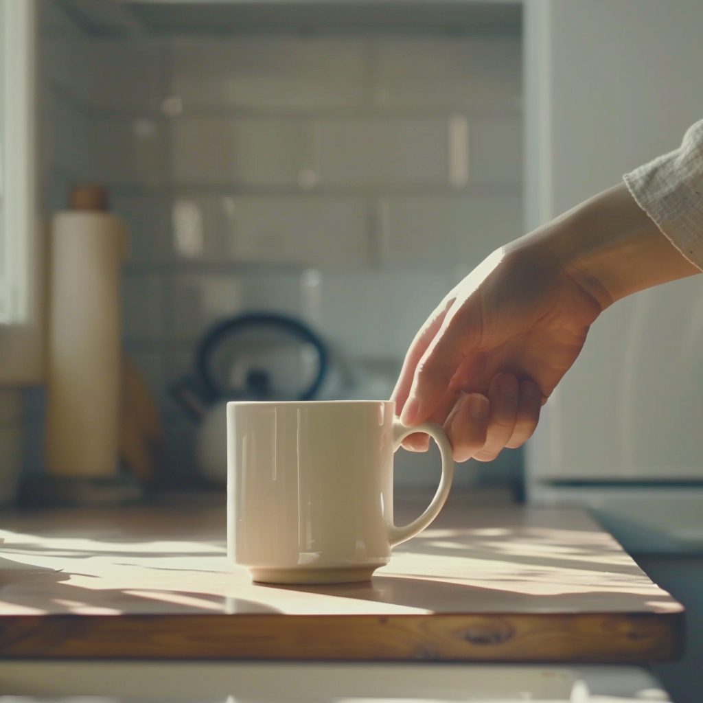 Hand placing white mug on table