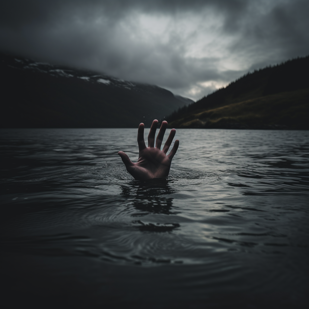 Mysterious hand emerging from the cold water