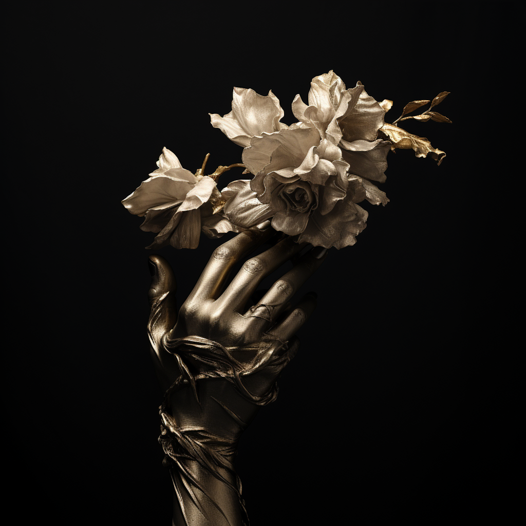 Black and white hand sculpture with golden flowers