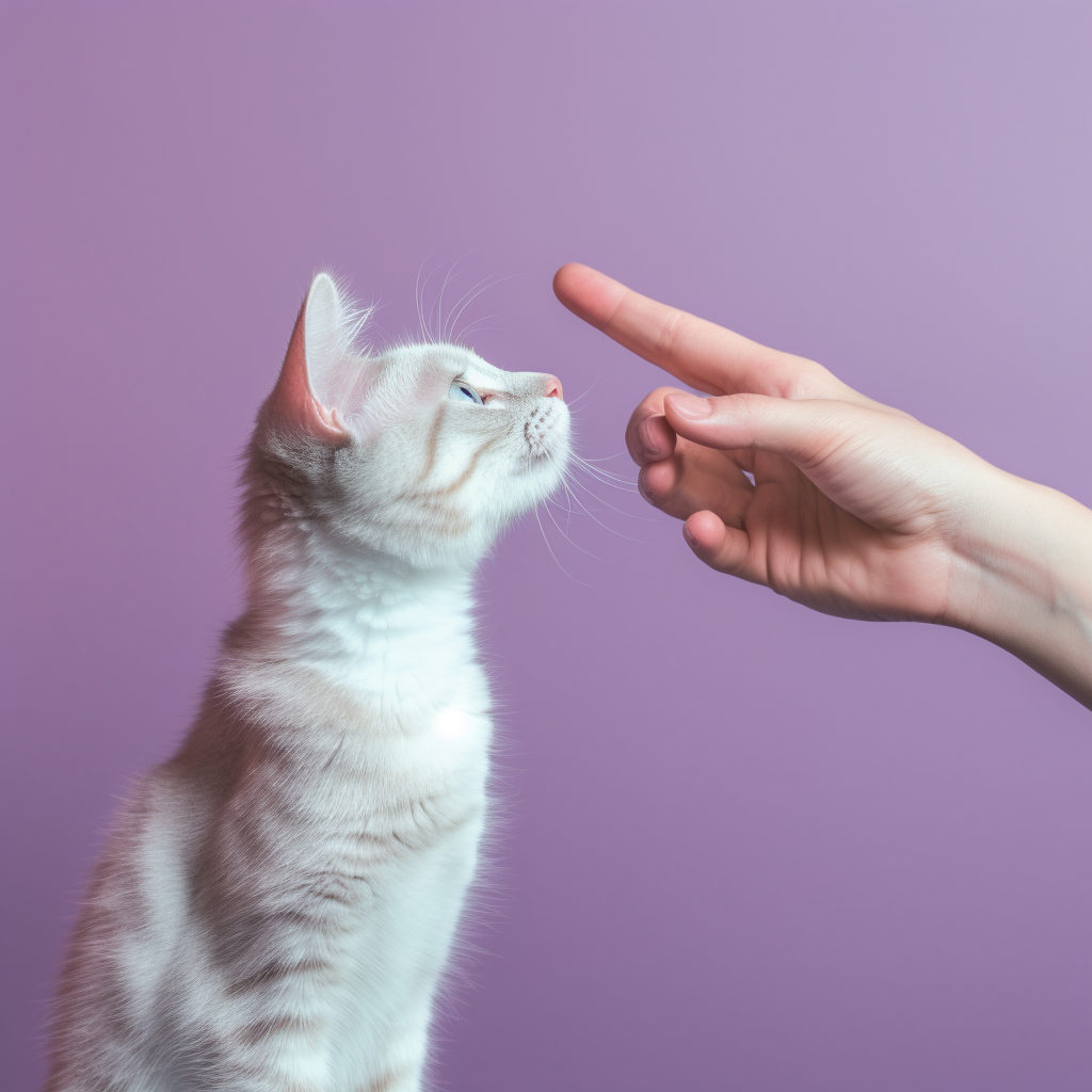 Hand Stroking Cat on Purple Background