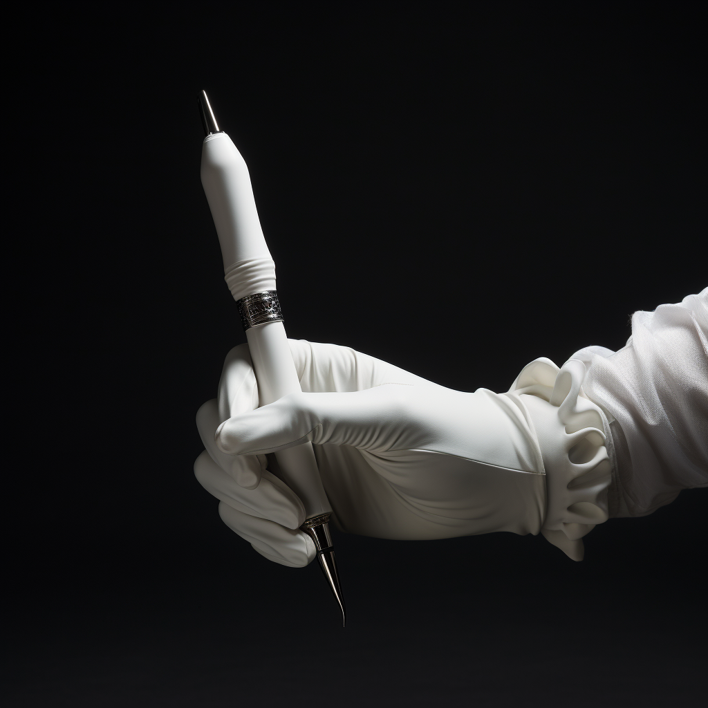 Hand with white army glove holding pen