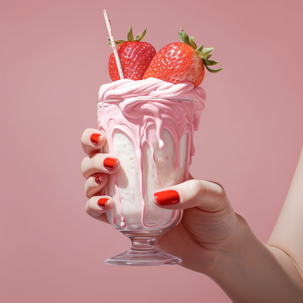 Hand holding a strawberry milkshake