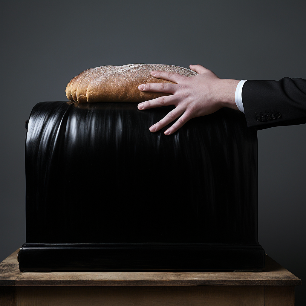 Hand in black glove emerging from bread bin