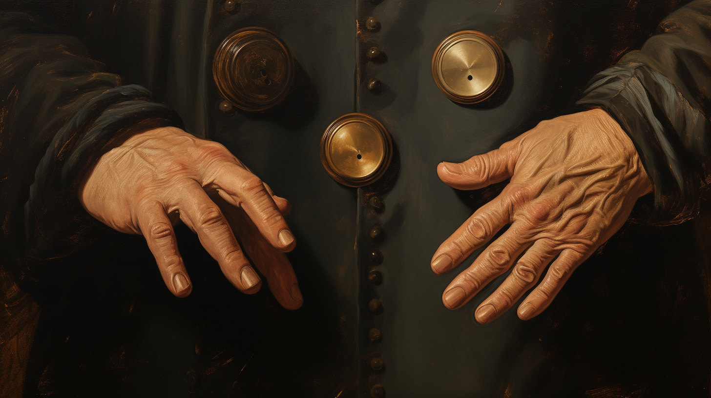 Hand hesitating over buttons artwork