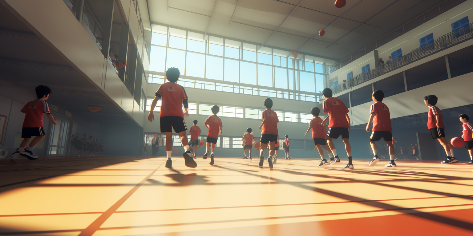 Japanese elementary students playing handball with enthusiasm