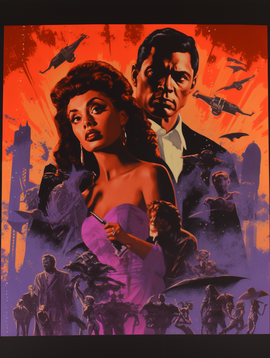 Hand-painted movie poster of 1950s people in Reynold Brown style