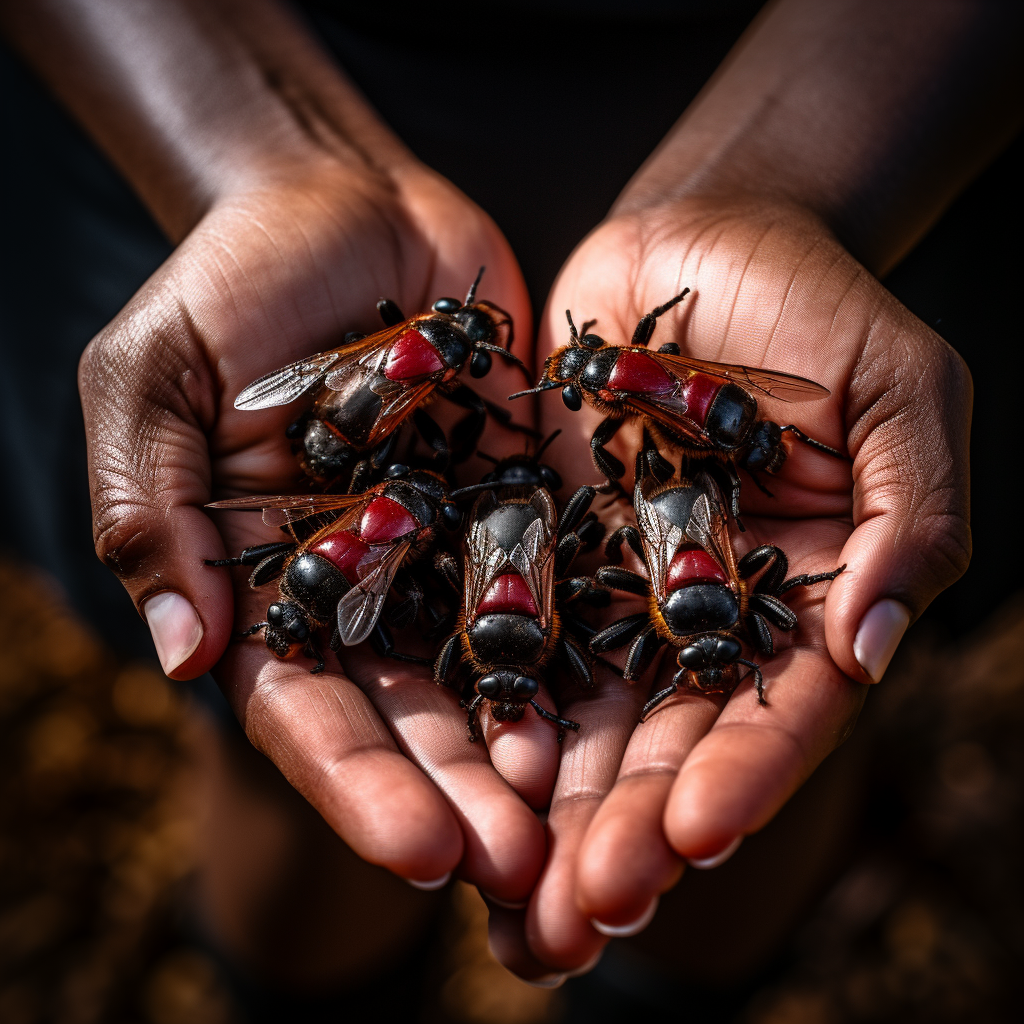 Hands cupping multiple cowkiller velvet ants on palm