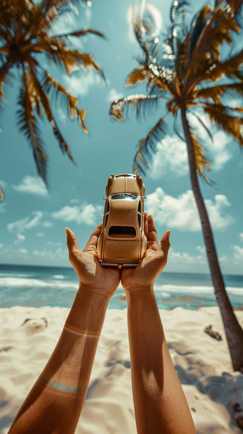 Hands Holding Car Totem on Beach