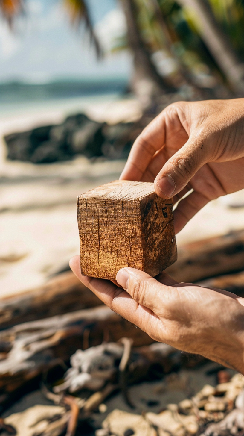 Hands grabbing wood totem cube