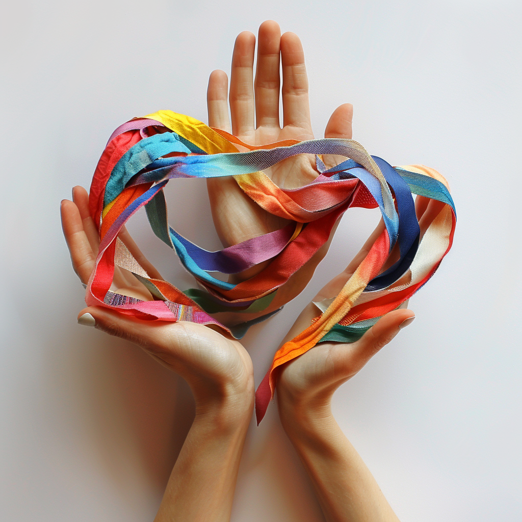 Two hands holding colorful patchwork on white