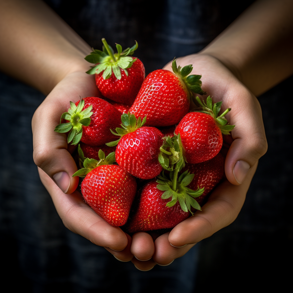 Hands holding fresh strawberries close-up