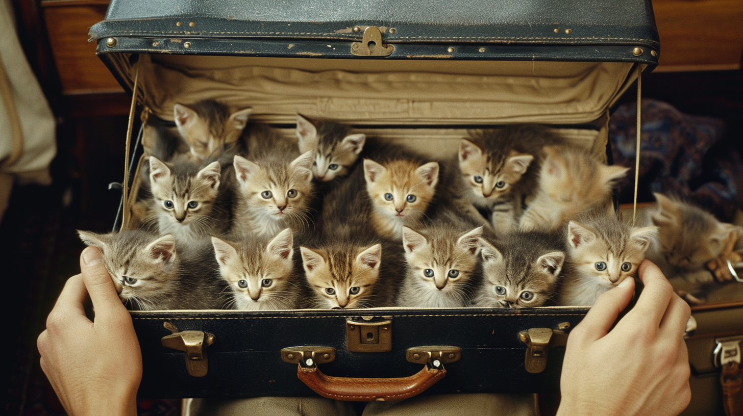 Hands Holding Suitcase with Kittens and Passport