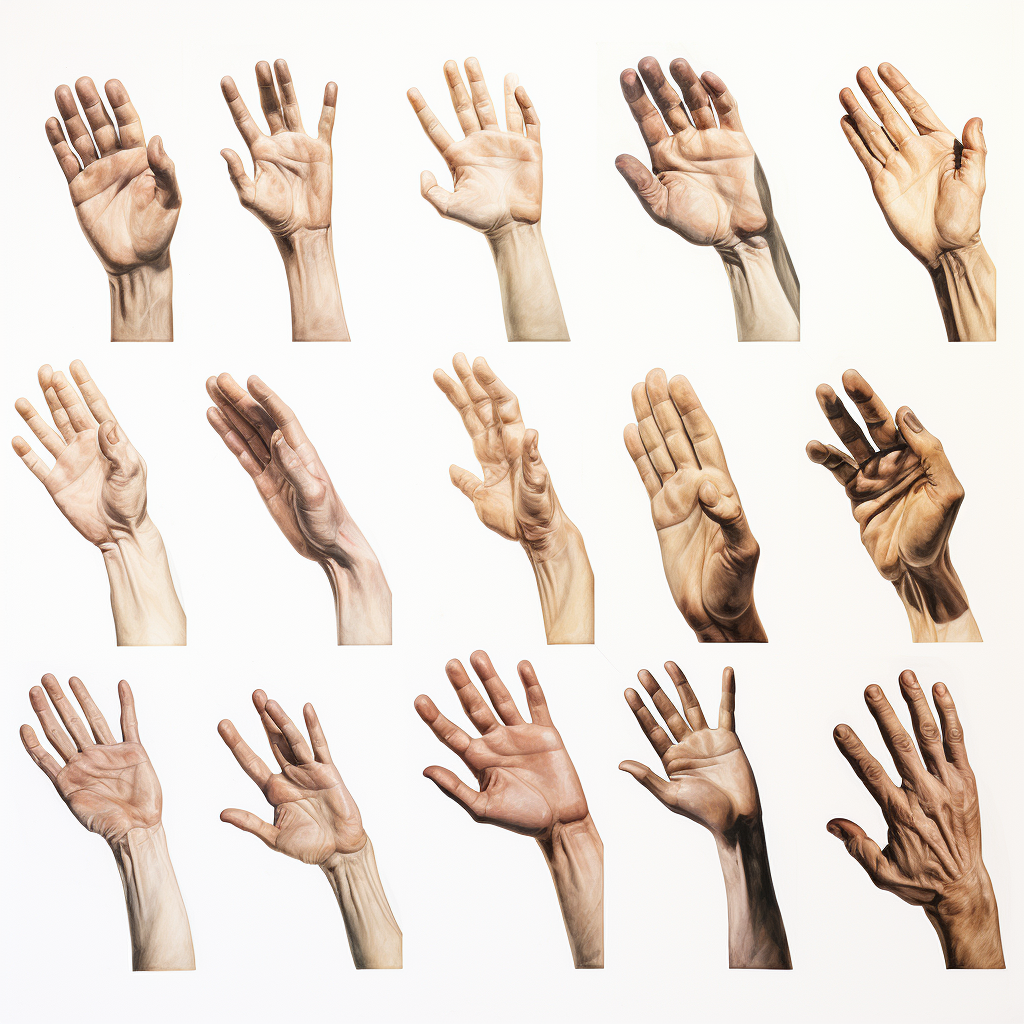 Various hand positions painting on white background