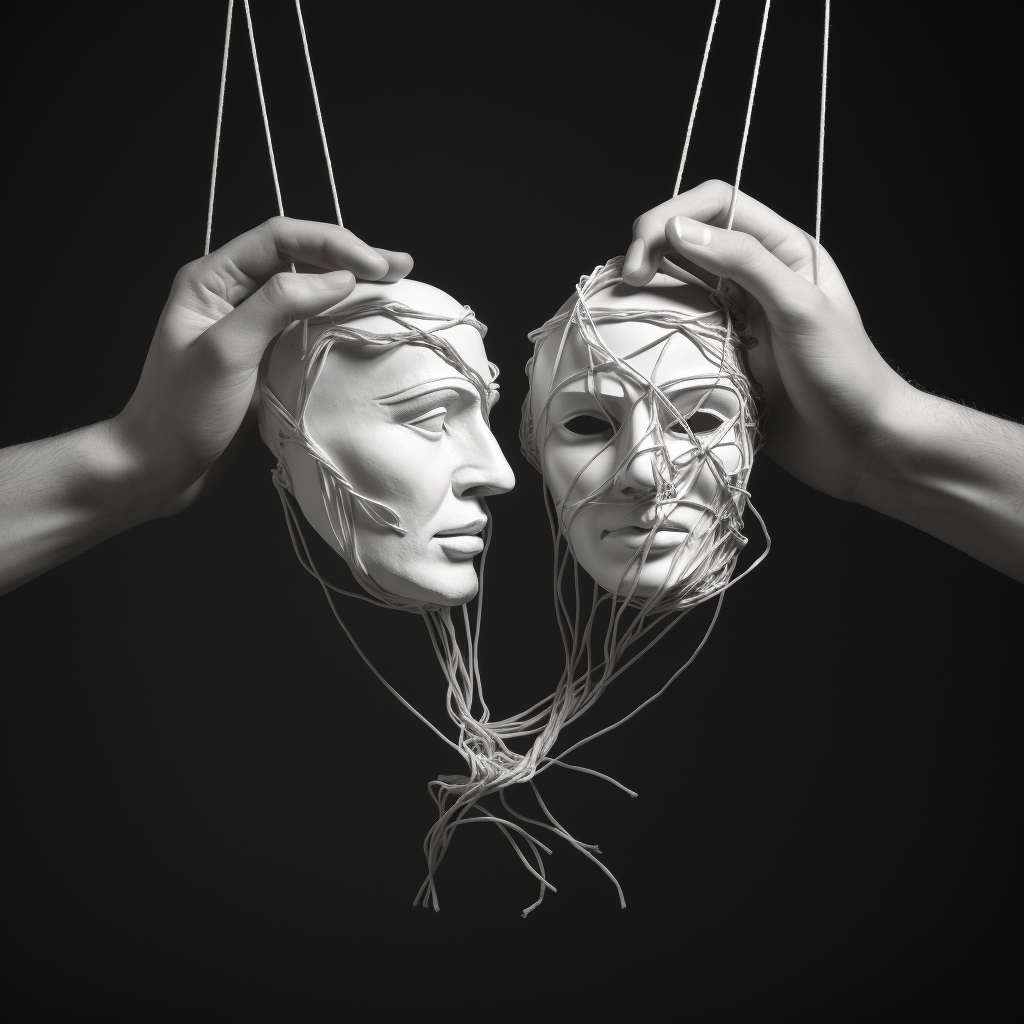 Hands puppeteering theater masks with strings