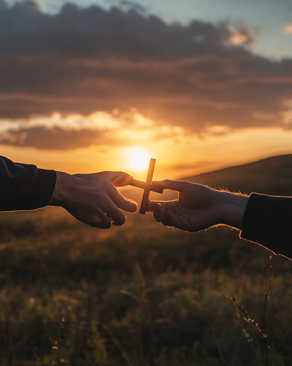 Two hands reaching cross silhouette