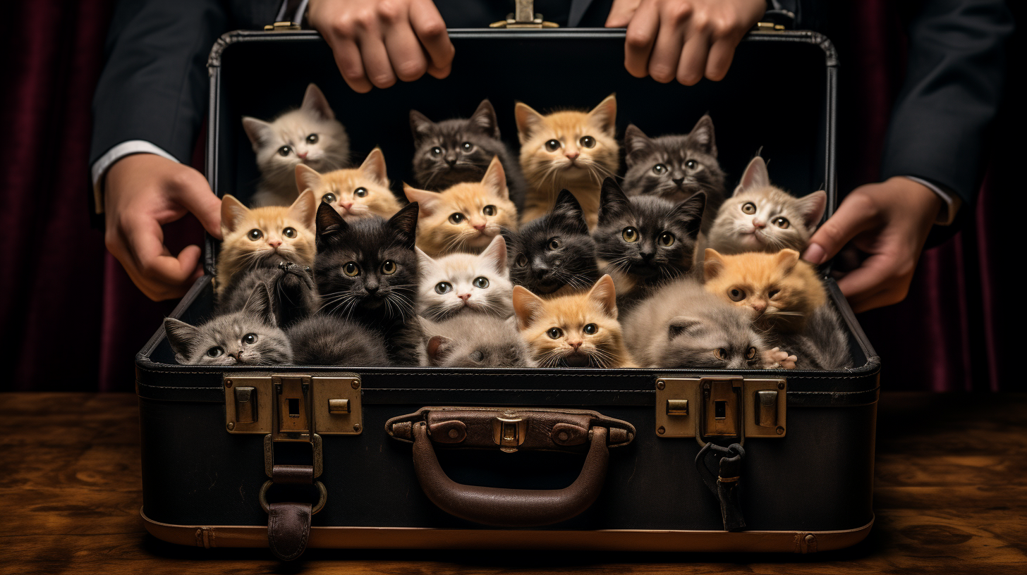 hands holding black suitcase with kittens