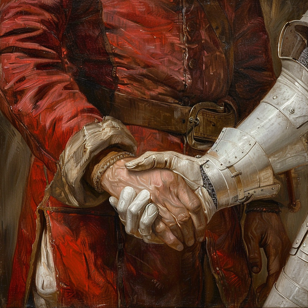 Man in red gi shaking hands with man in white platemail