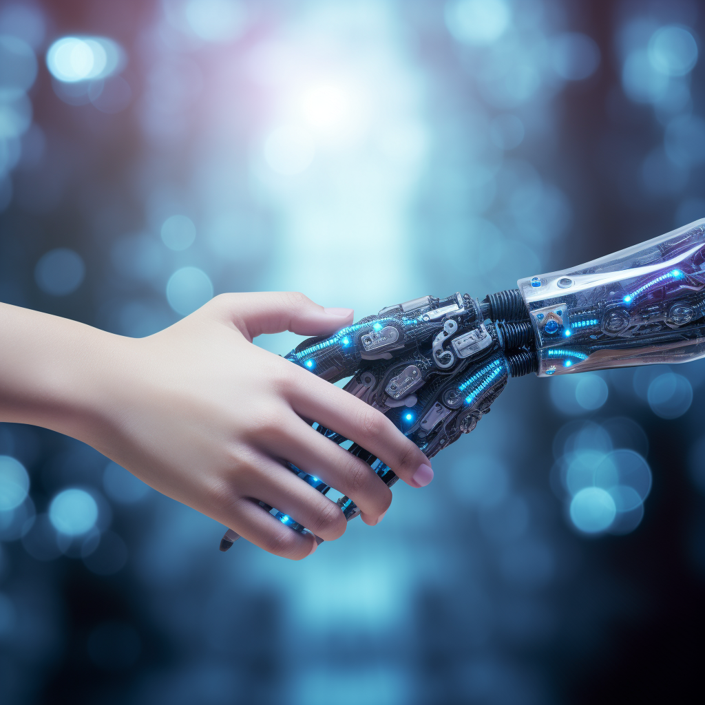 AI robot shaking hands with a feminine hand