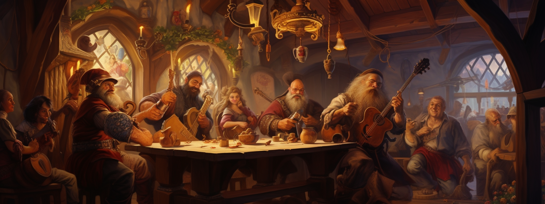 An oil painting of a bard playing a lute in a jovial tavern