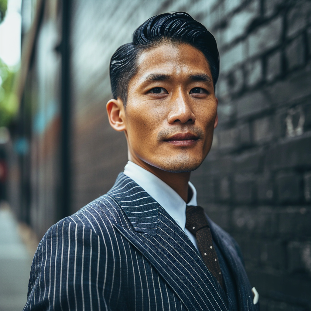 Handsome Asian man in pinstripe suit