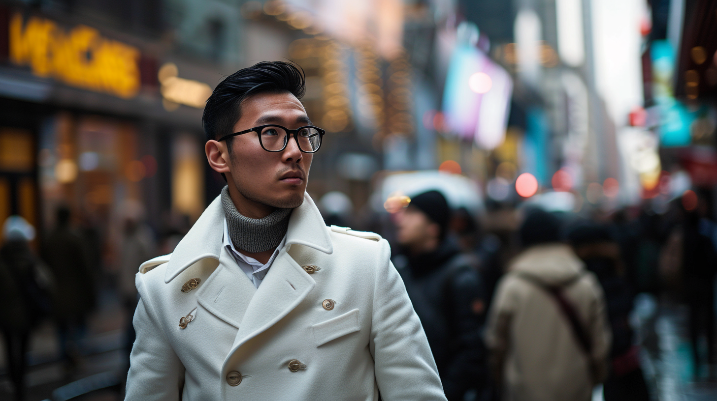 Handsome Asian Model in White Hermes Peacoat