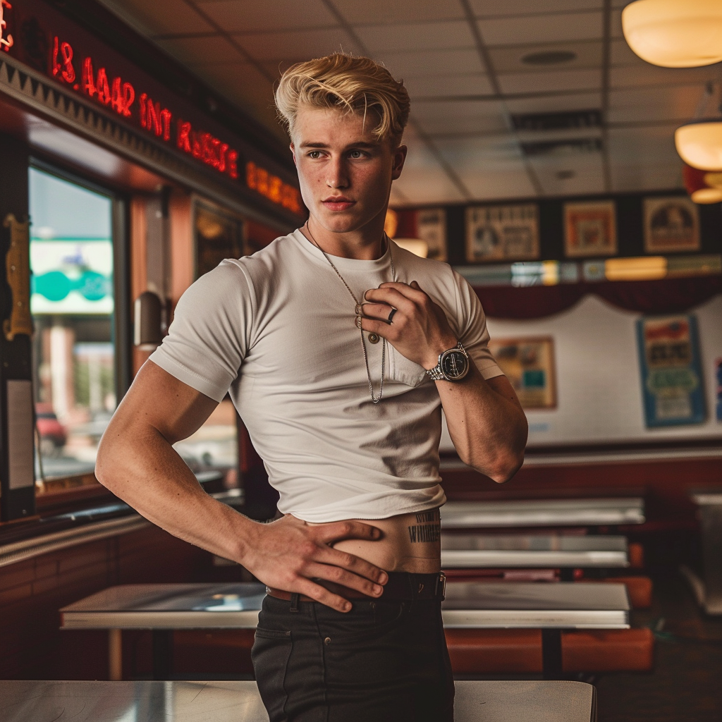 athletic blonde college boy midriff diner