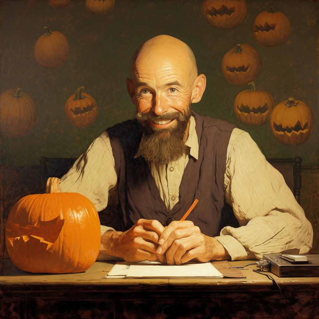 Bald man with brown beard admiring jack-o-lantern on rustic desk