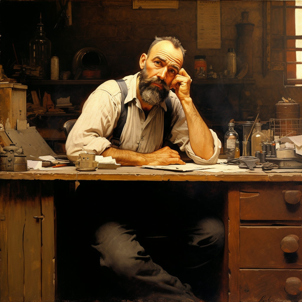 Norman Rockwell's Bald Man Writing at Rustic Desk