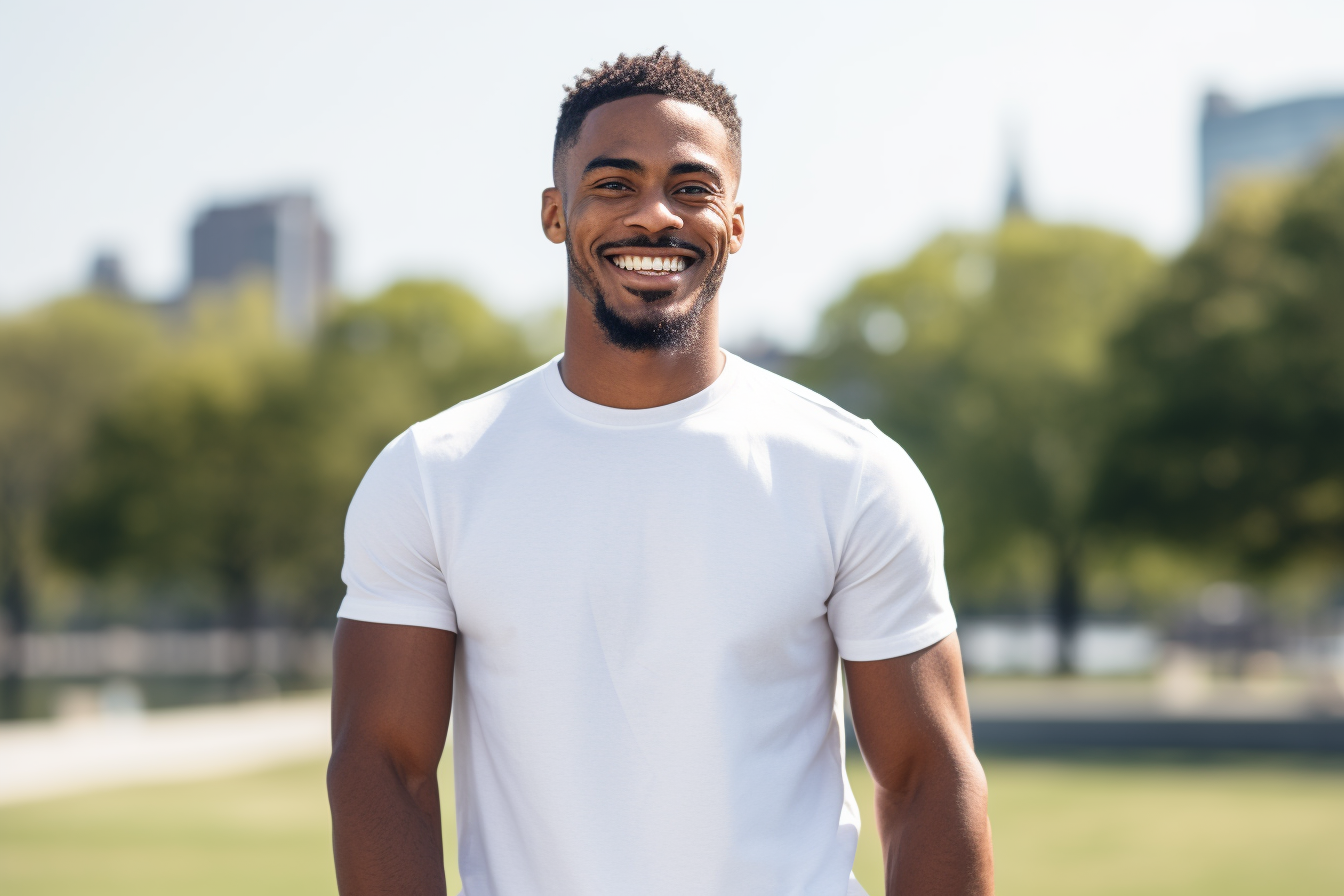 Handsome black man smiling in white jersey at city park