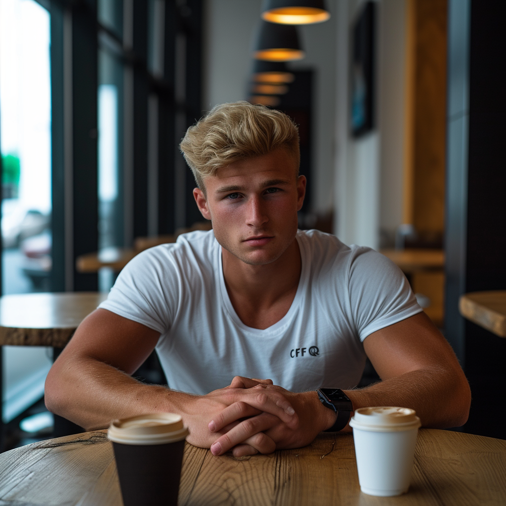 Handsome blond collegiate jock at modern cafe with coffees