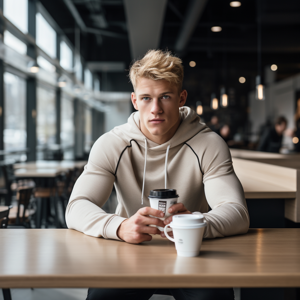 Athletic jock with coffees at cafe table