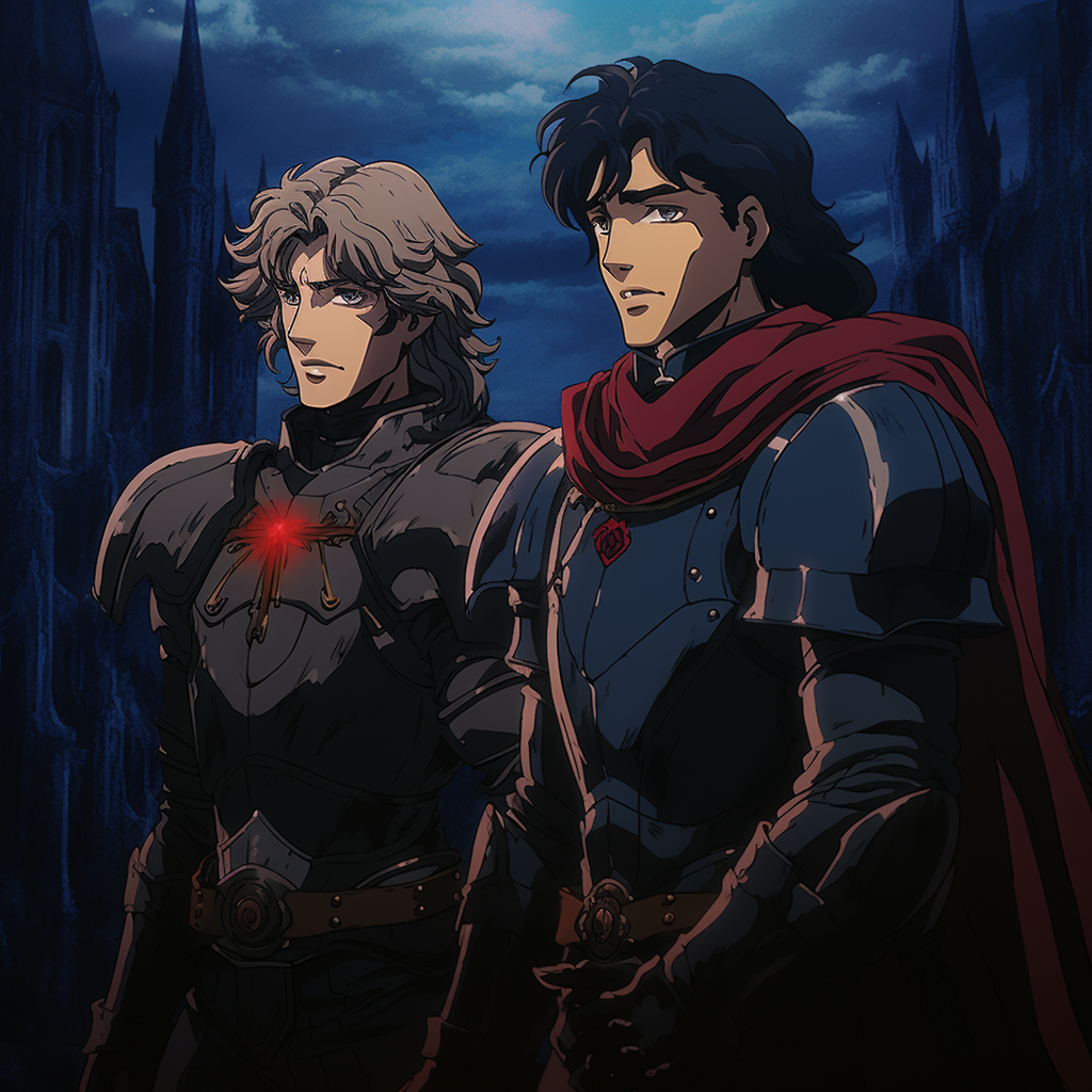 Two handsome buff knights in a dark fantasy world