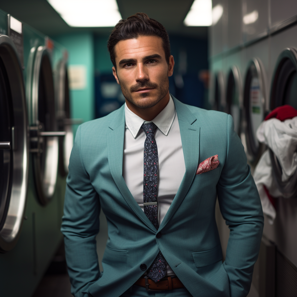 Handsome businessman in laundromat