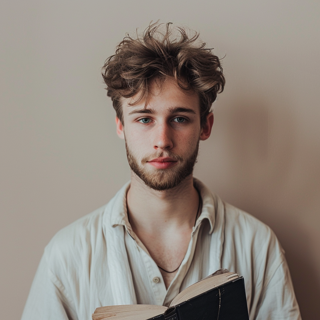 Caucasian man holding book background