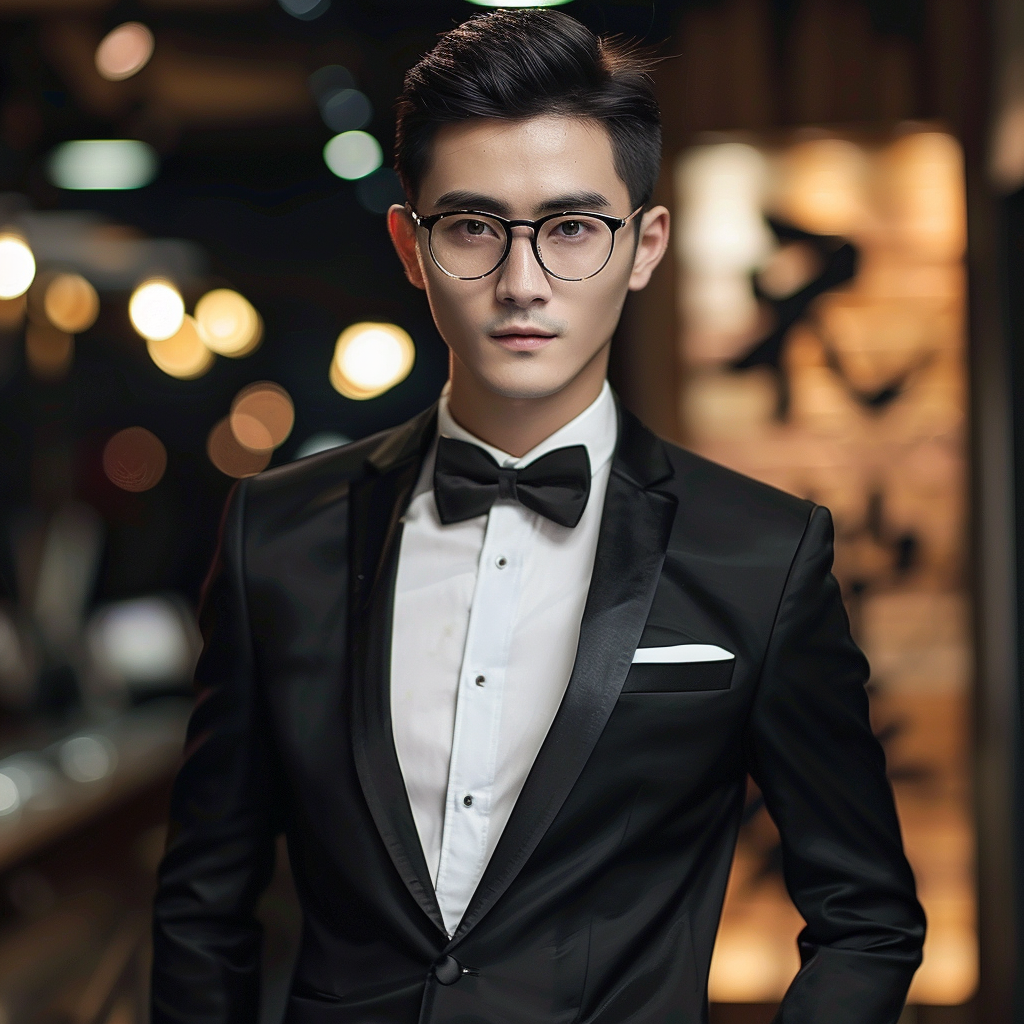 Chinese man in black tuxedo on catwalk