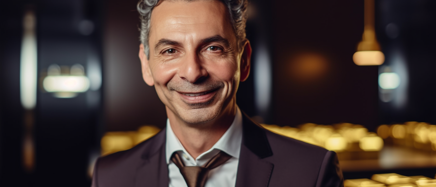 Smiling male concierge with gold bullion bars