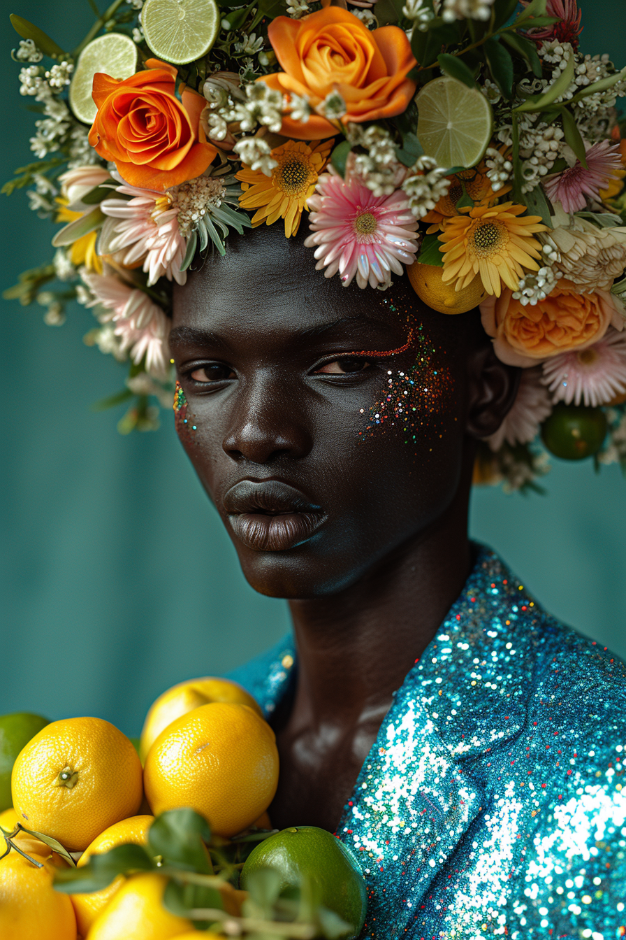 Man in Cyan Sequinned Jacket with Flowers