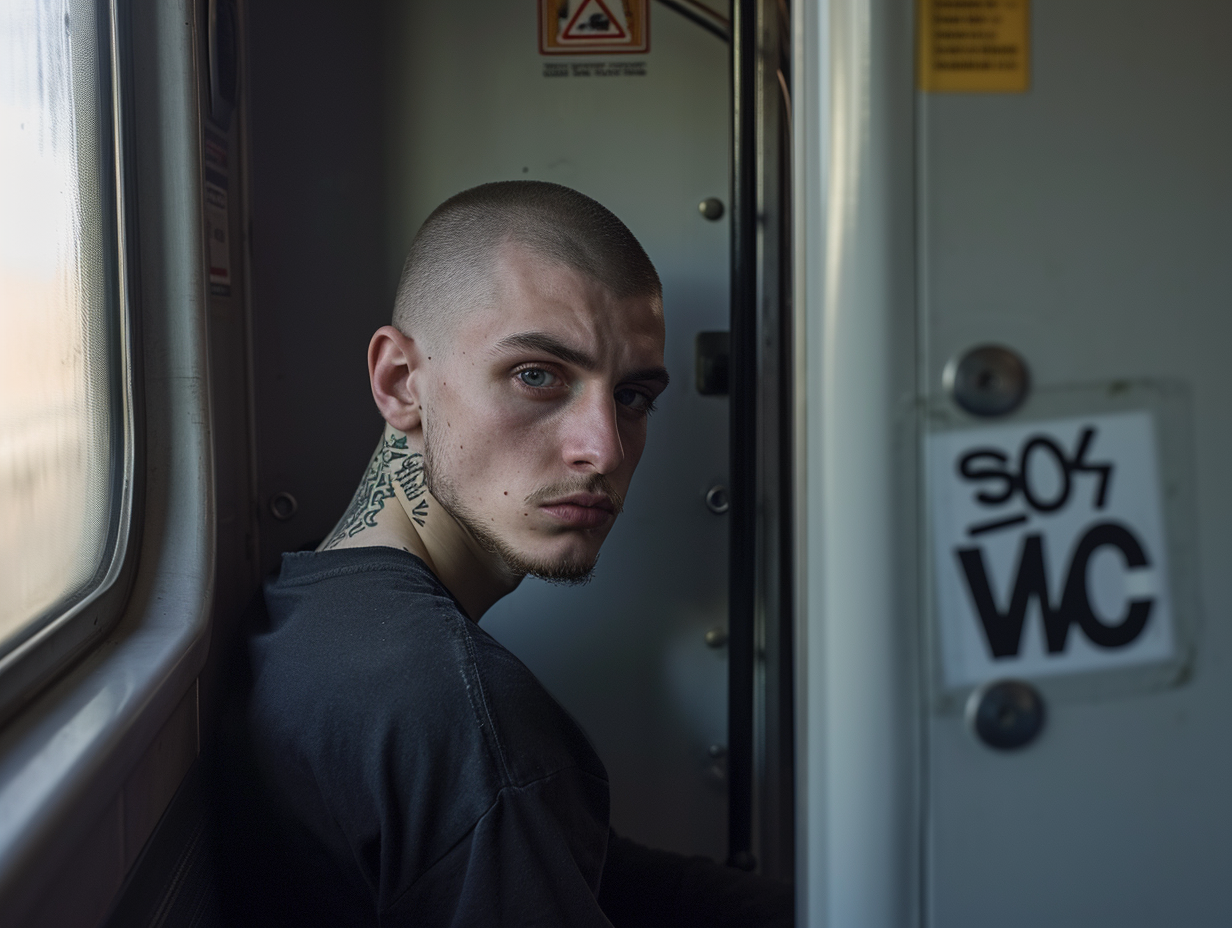 Handsome guy on a train bathroom door