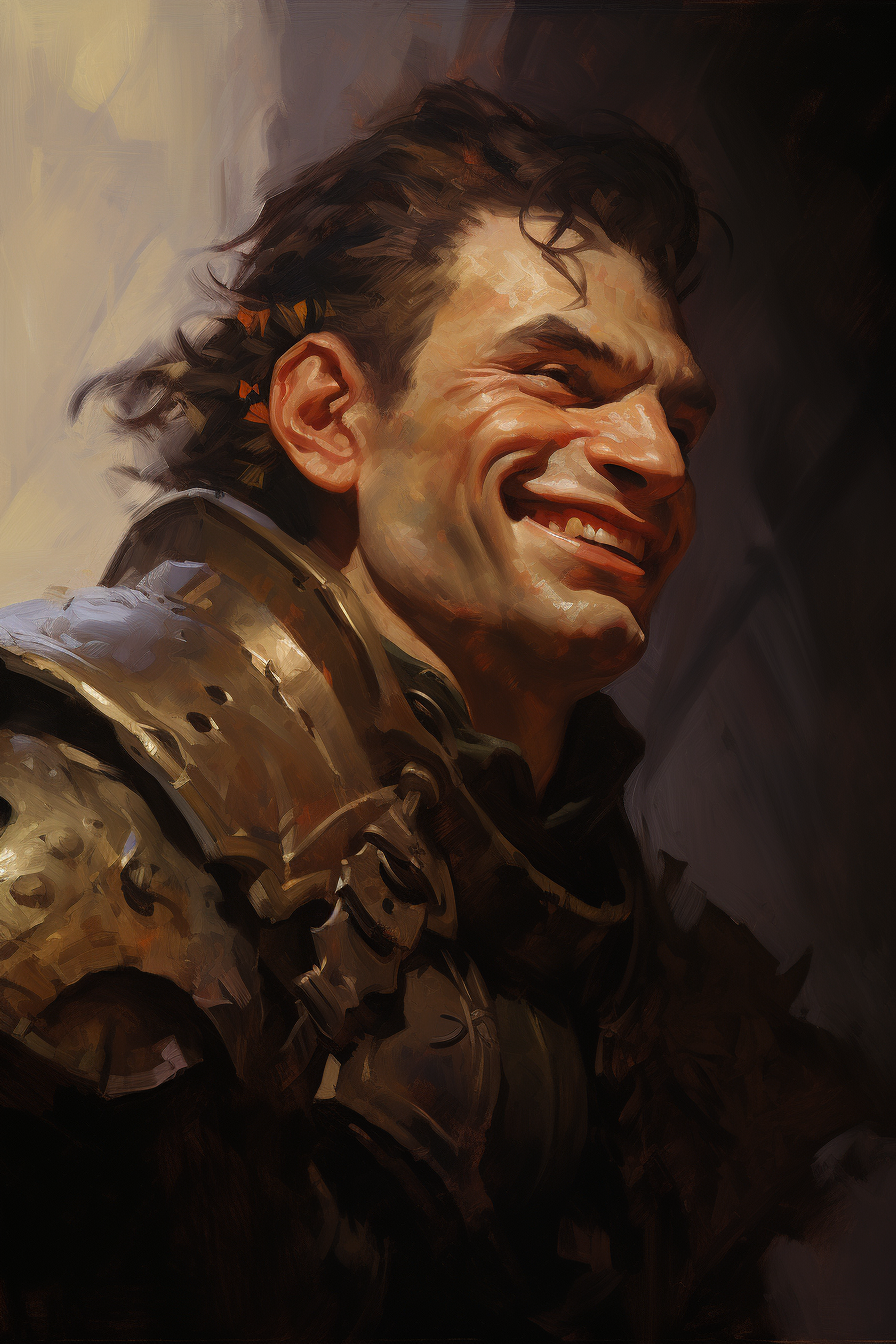 Handsome hobgoblin male with jolly expression in oil painting