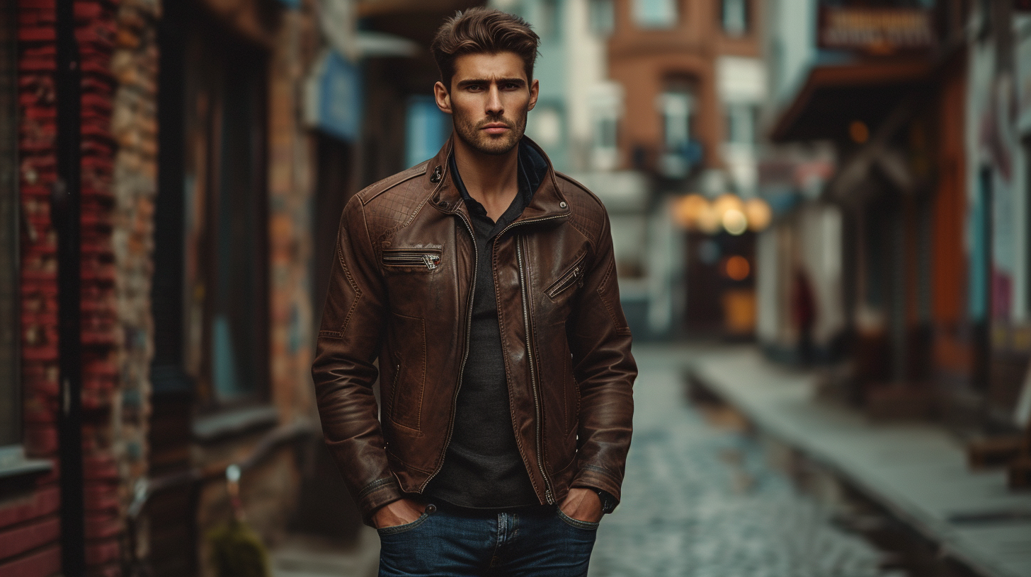 Handsome male model in vintage leather jacket on street